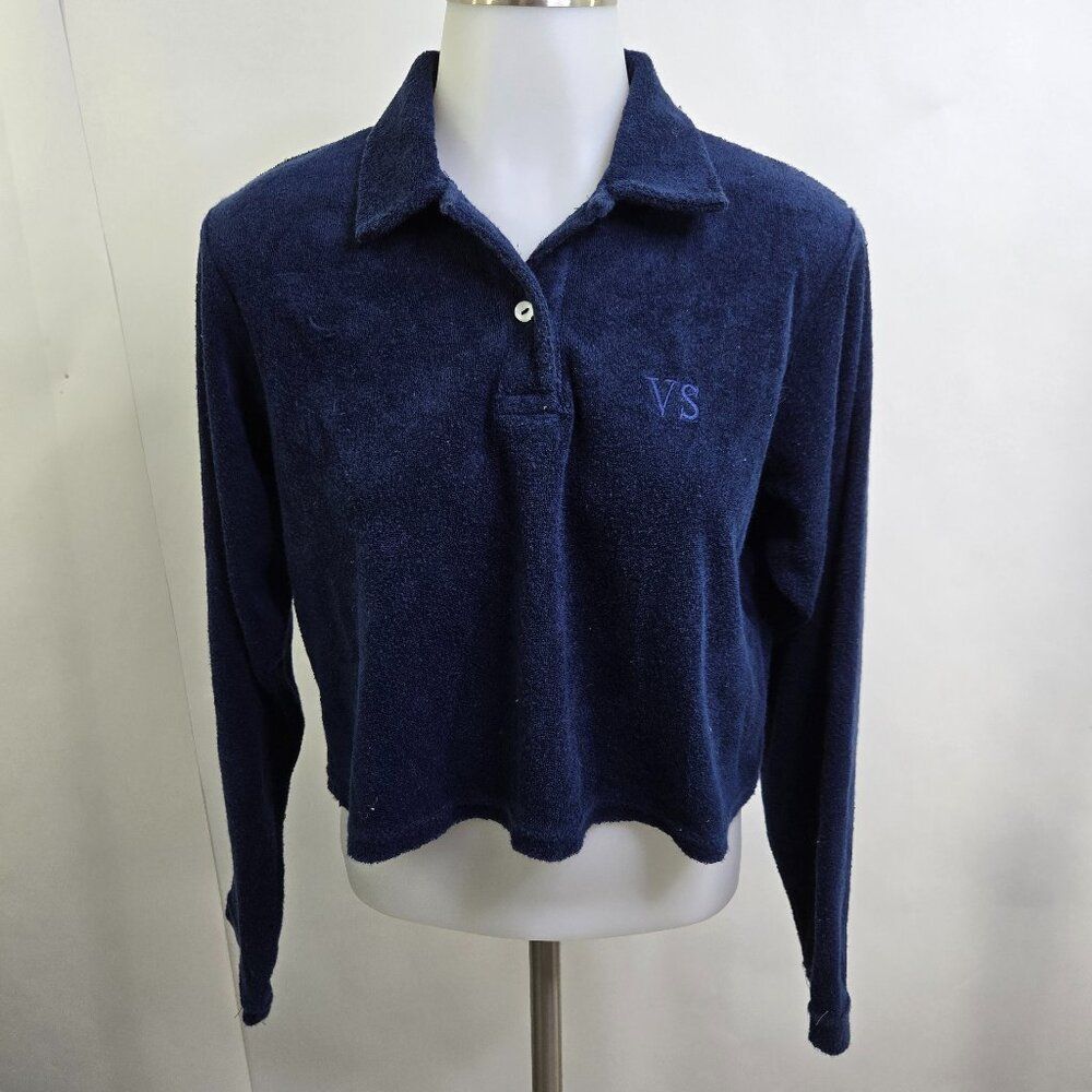 Vintage Victorias Secret Country Crop Top M Blue Velour 90s Long Sleeve Polo